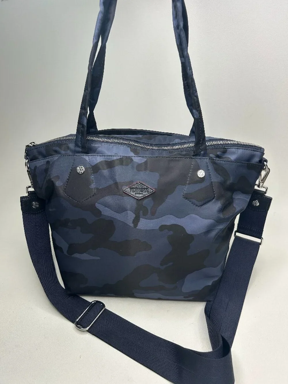 MZ WALLACE Medium Blue Camo Soho Crossbody Tote w/Pouch & Crossbody Strap